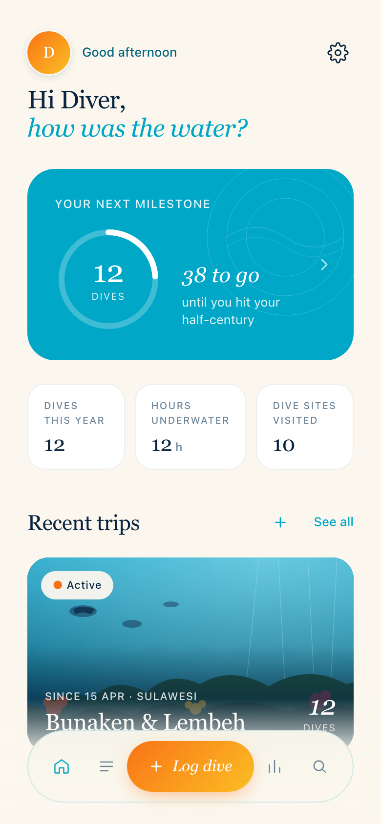 ScubaFlow Dive Log home screen — milestone progress, dive stats and recent trips